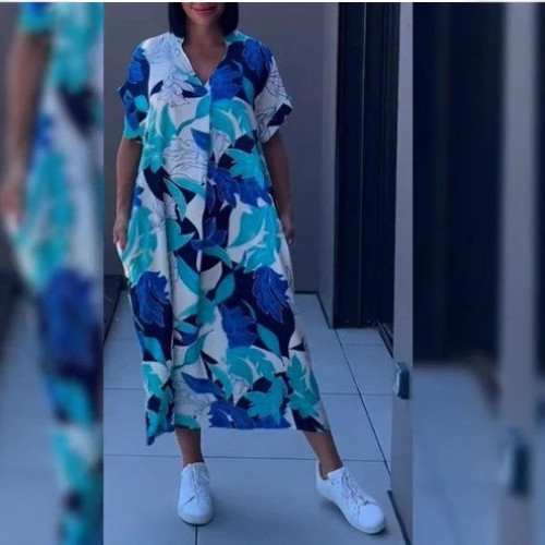 歐美女裝短袖新款V 領簡約印花休閒裙子寬松連衣裙口袋