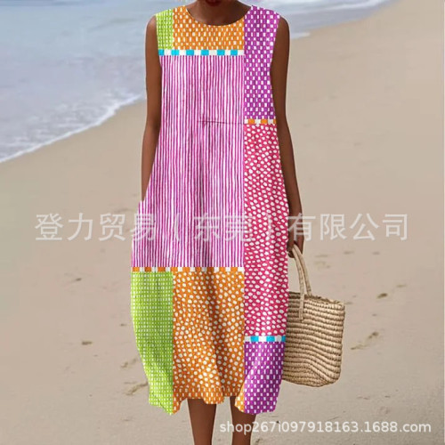 獨立站夏季新款口袋圓領連衣裙幾何元素花卉度假風連衣裙