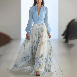 2025歐美女裝  獨立站 數碼印花長袖V領 拼接長裙 連衣裙