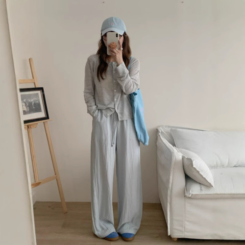 萊賽爾冰絲亞麻彎刀褲春夏款簡約百搭濶腿褲休閒直筒垂墜感拖地褲