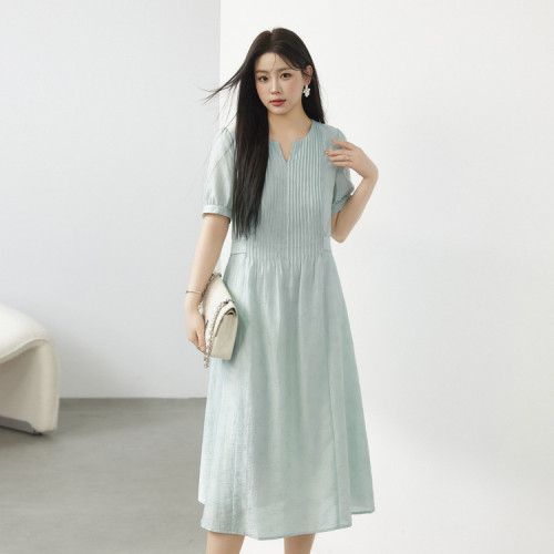 纖莉秀大碼女裝簡約氣質收腰顯瘦肌理感天絲連衣裙胖mm2024夏新款