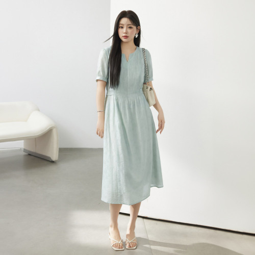 纖莉秀大碼女裝簡約氣質收腰顯瘦肌理感天絲連衣裙胖mm2024夏新款