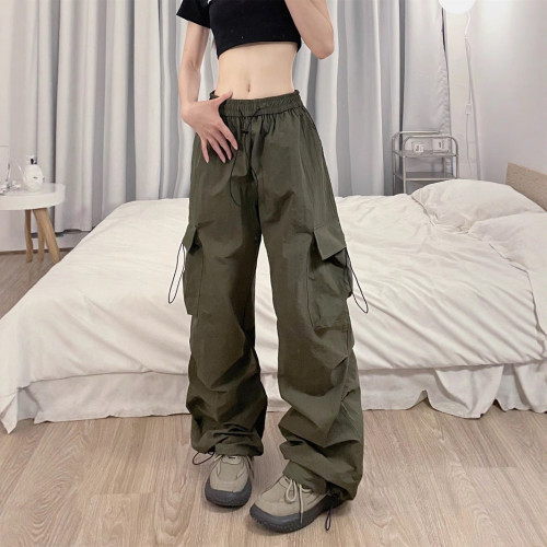 美式復古工裝休閒褲女春秋百搭直筒顯瘦束腳長褲寬松濶腿褲子ins