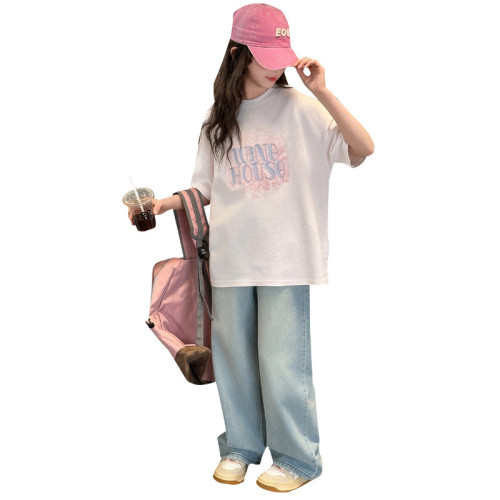 女童短袖t恤夏季2025新款兒童洋氣套裝女孩夏裝時髦體恤上衣