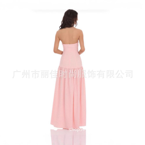 2025獨立站wish歐美新款V領無袖休閒收折女士連衣裙