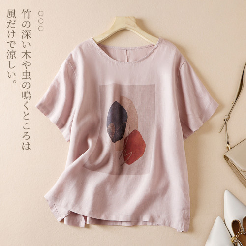 棉麻印花衫短袖t恤女套頭2025夏新款圓領上衣百搭設計感半袖小衫