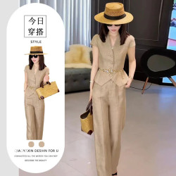 禦姐輕熟風穿搭套裝女修身顯瘦小上衣外套搭配高腰休閒西裝濶腿褲