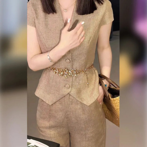 禦姐輕熟風穿搭套裝女修身顯瘦小上衣外套搭配高腰休閒西裝濶腿褲