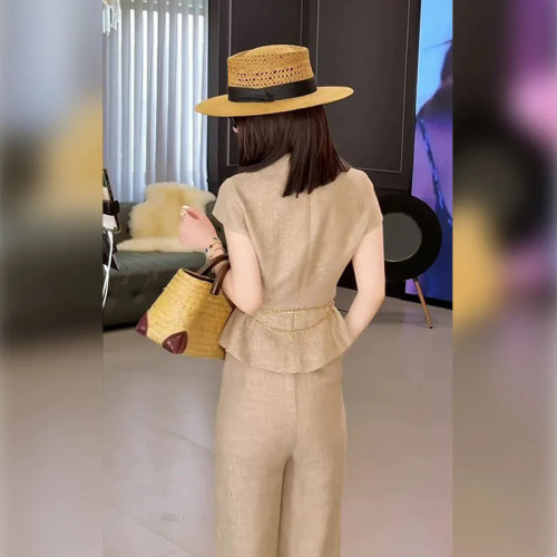 禦姐輕熟風穿搭套裝女修身顯瘦小上衣外套搭配高腰休閒西裝濶腿褲