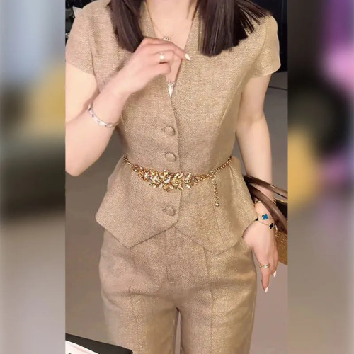 禦姐輕熟風穿搭套裝女修身顯瘦小上衣外套搭配高腰休閒西裝濶腿褲