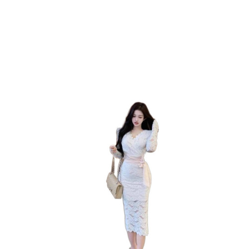 紫色v領蕾絲連衣裙女春季長袖修身綁帶中長款輕熟風收腰包臀裙子