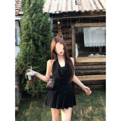 黑色辣妹純欲風假兩件蕾絲連衣裙女純欲修身掛脖裙子