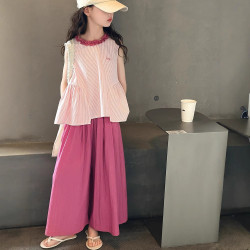 女童夏裝無袖套裝2025新款大童夏季韓系上衣兒童濶腿褲棉布兩件套