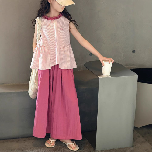 女童夏裝無袖套裝2025新款大童夏季韓系上衣兒童濶腿褲棉布兩件套