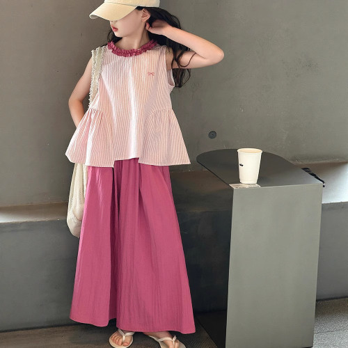 女童夏裝無袖套裝2025新款大童夏季韓系上衣兒童濶腿褲棉布兩件套