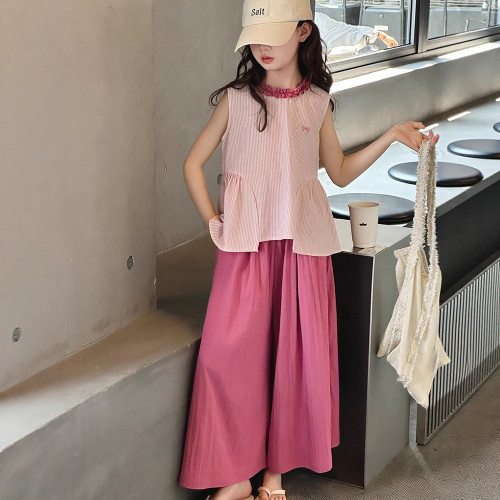 女童夏裝無袖套裝2025新款大童夏季韓系上衣兒童濶腿褲棉布兩件套