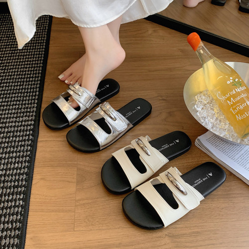 金屬搭釦一字拖鞋女2025夏季外穿時尚配裙子海邊法式魔術貼小涼拖