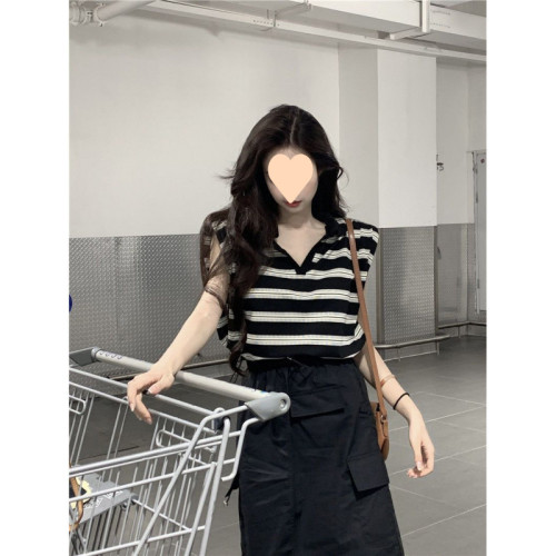 韓系polo領條紋T恤上衣中長款高腰顯瘦工裝半身裙女夏季時尚套裝