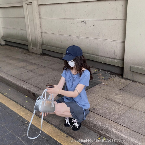 小衆設計感抽繩領短袖襯衫女夏季洋氣小衫休閒百搭上衣