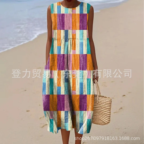 獨立站夏季新款口袋圓領連衣裙抽象幾何元素度假風連衣裙