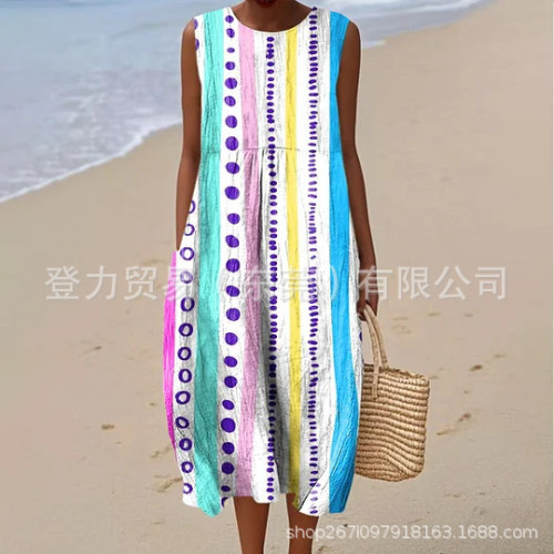 獨立站夏季新款口袋圓領連衣裙抽象幾何元素度假風連衣裙