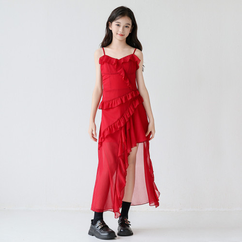 女童吊帶裙夏季薄款不規則雪紡裙子2025新款兒童女孩度假沙灘裙子