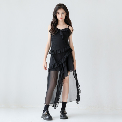女童吊帶裙夏季薄款不規則雪紡裙子2025新款兒童女孩度假沙灘裙子