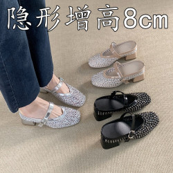 閃鑽內增高8cm包頭半拖鞋女網面透氣夏新款一腳蹬懶人無後外出拖