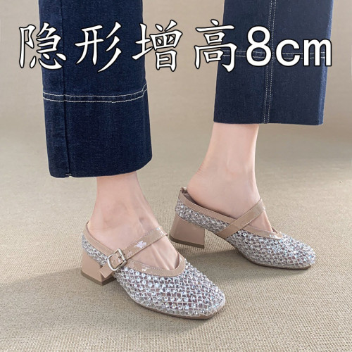 閃鑽內增高8cm包頭半拖鞋女網面透氣夏新款一腳蹬懶人無後外出拖