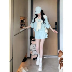 海鹽套裝女2025夏季慵懶風寬松休閒圓領華夫格T恤+高腰短褲兩件套