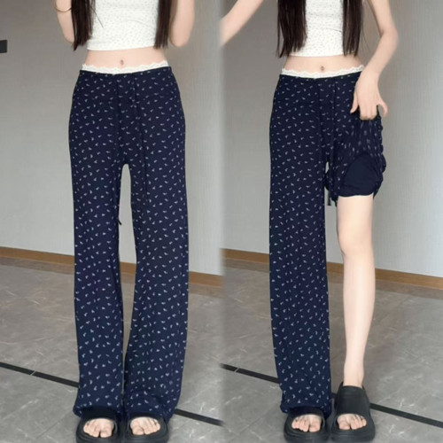美式辣妹松弛感碎花2025夏季薄款百搭垂感寬松蕾絲拼接休閒褲