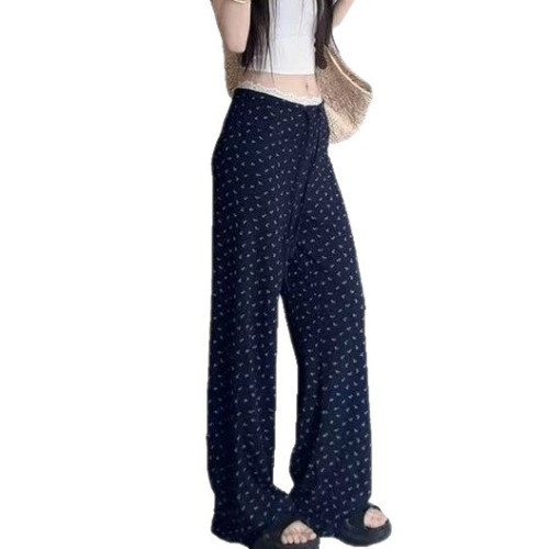 美式辣妹松弛感碎花2025夏季薄款百搭垂感寬松蕾絲拼接休閒褲