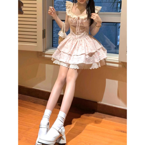 夏季新款小飛袖法式碎花連衣裙女甜美收腰顯瘦公主蓬蓬a字短裙子