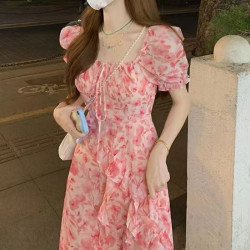 碎花方領開叉氛圍感連衣裙女春季2025新款收腰顯瘦短袖氣質長裙子