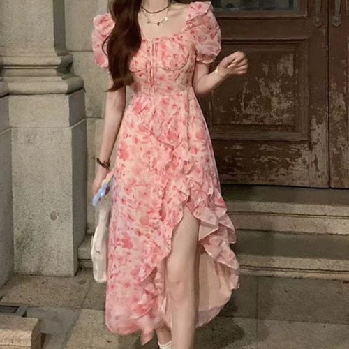 碎花方領開叉氛圍感連衣裙女春季2025新款收腰顯瘦短袖氣質長裙子