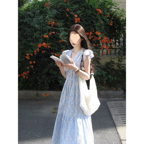 藍色碎花連衣裙女春季2025新款今年流行爆款夏裝裙子收腰顯瘦氣質