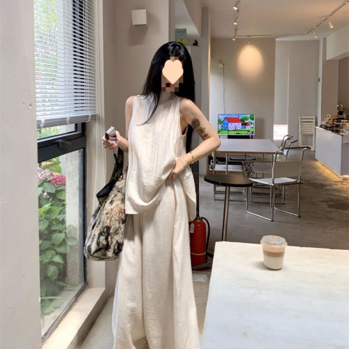 夏季新款女小個子松弛感穿搭休閒套裝無袖背心高腰濶腿裙褲兩件套