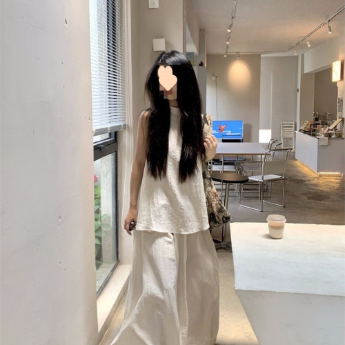 夏季新款女小個子松弛感穿搭休閒套裝無袖背心高腰濶腿裙褲兩件套