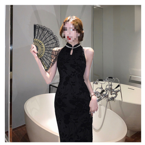 赫本風植絨高級旗袍優雅夏季長款修身無袖小黑裙巨顯瘦輕熟連衣裙