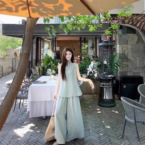 禪意風休閒套裝女2025夏季寬松氣質無袖上衣時尚濶腿褲兩件套洋氣