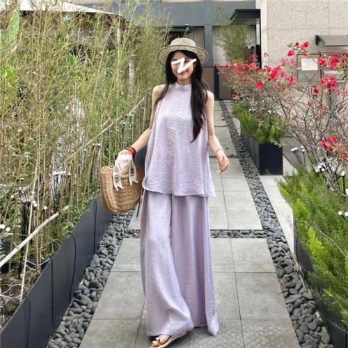 禪意風休閒套裝女2025夏季寬松氣質無袖上衣時尚濶腿褲兩件套洋氣