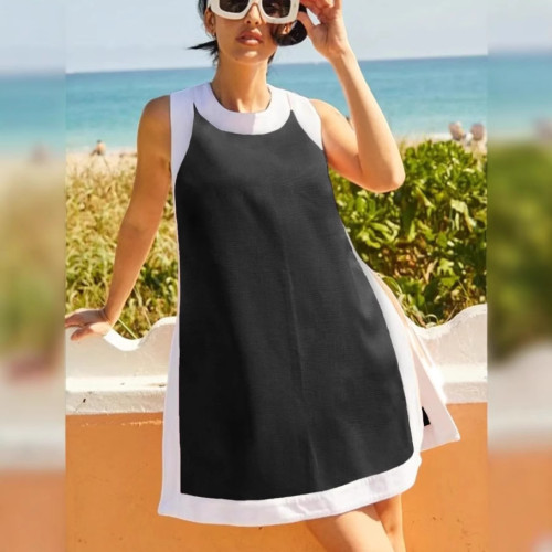 獨立站夏季新款女士休閒拼色圓領無袖上衣搭配短褲套裝