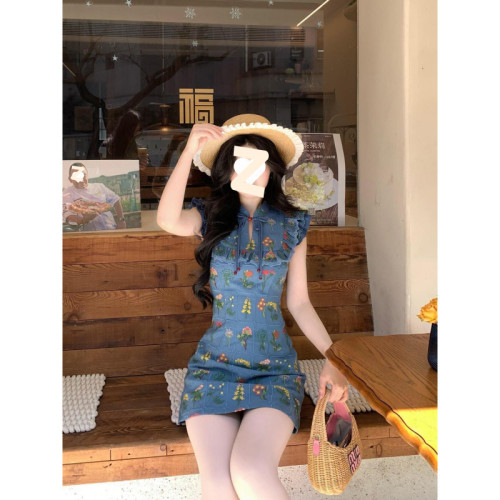 新中式國風碎花甜美旗袍連衣裙女夏季新款無袖收腰蝴蝶結吊帶短裙