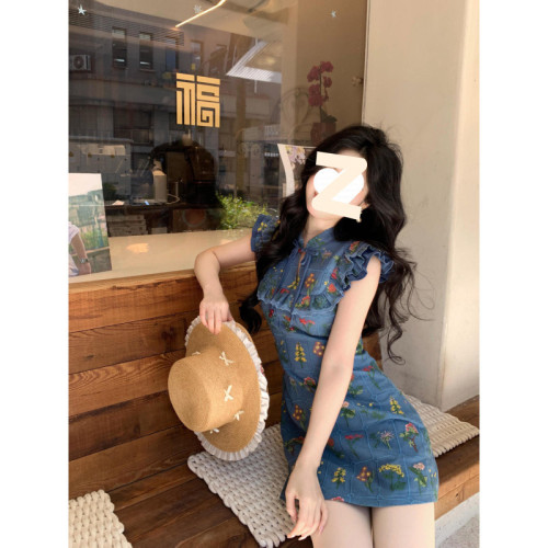 新中式國風碎花甜美旗袍連衣裙女夏季新款無袖收腰蝴蝶結吊帶短裙