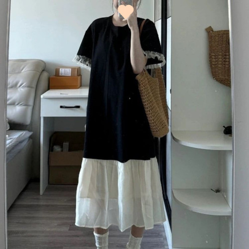 寬松微胖遮肉顯瘦連衣裙子長裙女夏季2025新款黑色長款過膝T恤裙