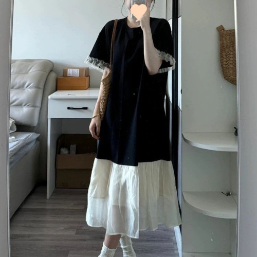 寬松微胖遮肉顯瘦連衣裙子長裙女夏季2025新款黑色長款過膝T恤裙