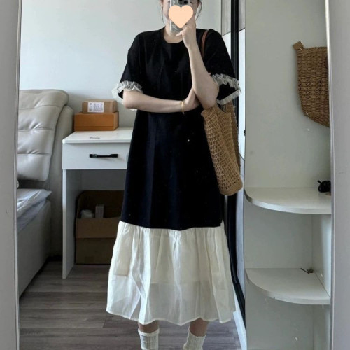 寬松微胖遮肉顯瘦連衣裙子長裙女夏季2025新款黑色長款過膝T恤裙
