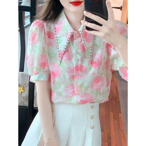 夏季短袖雪紡襯衫別致女裝夏裝2025年新款法式甜美碎花上衣設計感