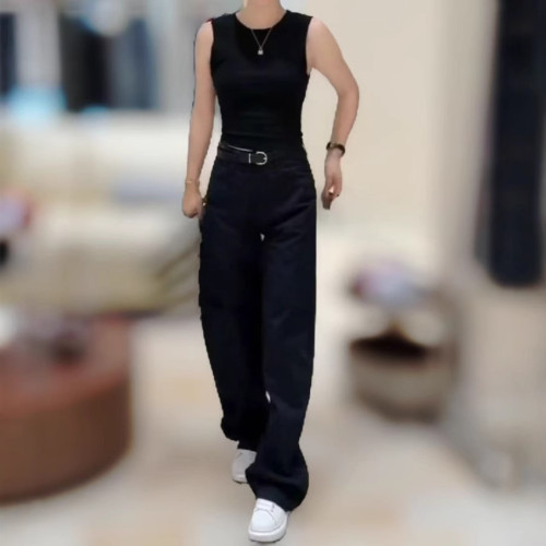 25102婕妤秀簡約氣質純色時尚套裝無袖背心修身上衣+休閒濶腿褲