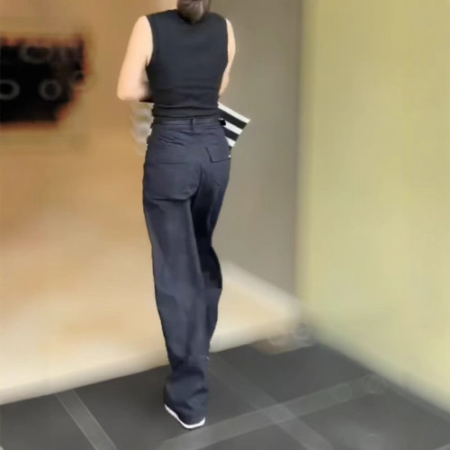 25102婕妤秀簡約氣質純色時尚套裝無袖背心修身上衣+休閒濶腿褲
